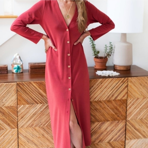 𝅺NWT Emerson Fry V neck long Button Up Maxi dress in rust / spice - Picture 2 of 13